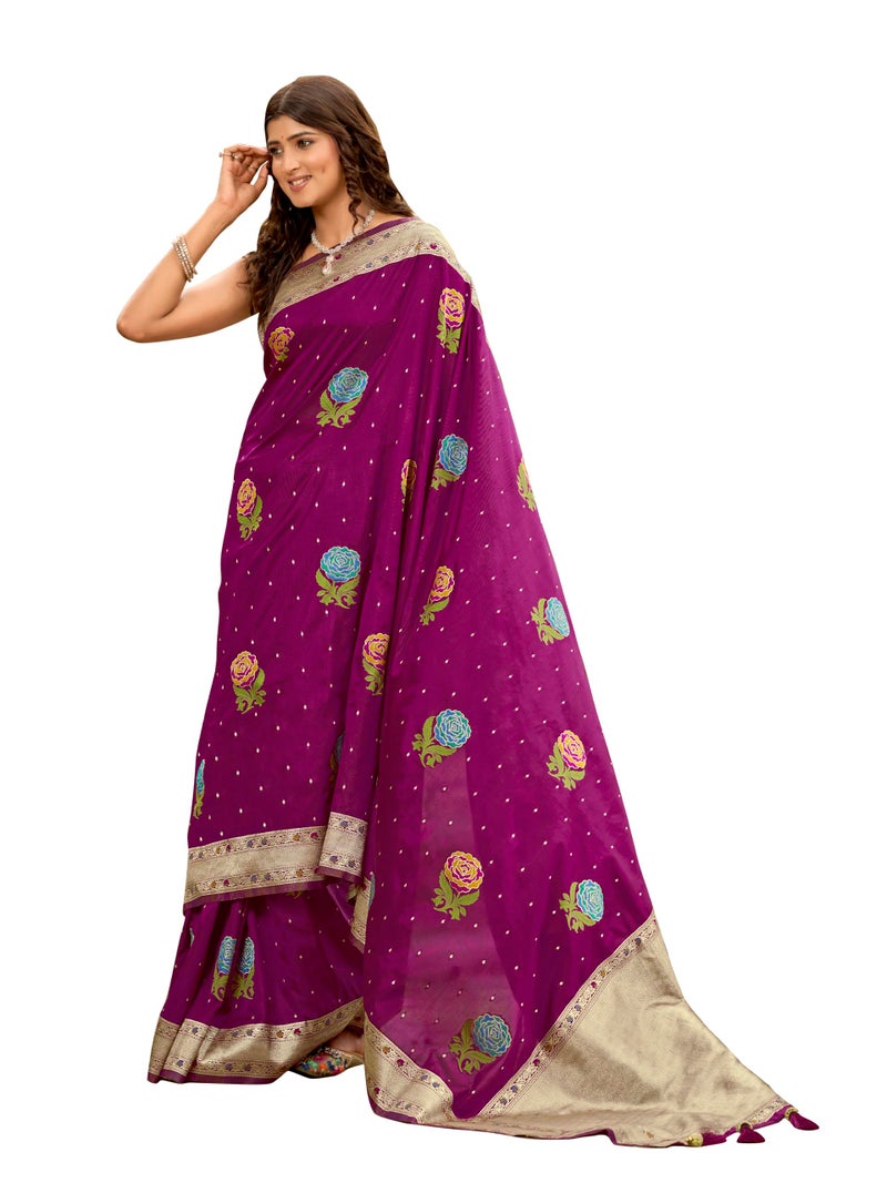 MANOHARI Women's Most Trendy Banarasi Satin Silk Woven Magenta Colorful Flower Pattern Saree With Heavy Jacquard Work Saree With Blouse Piece_MN2035 - Image 1