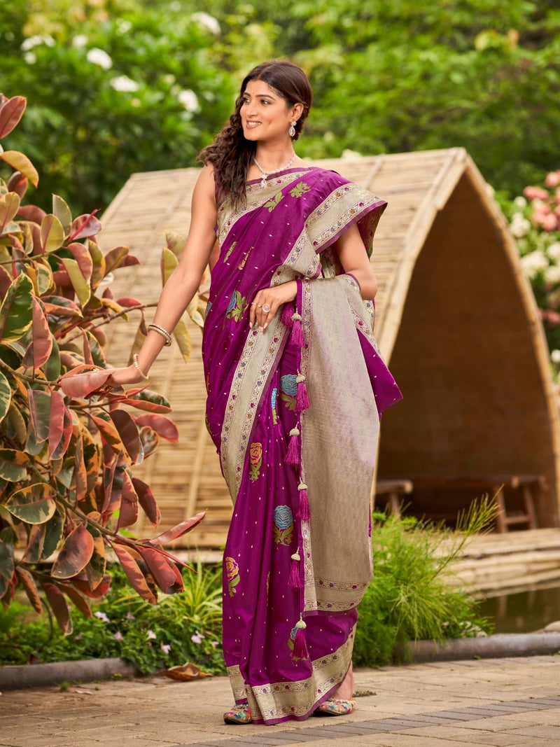 MANOHARI Women's Most Trendy Banarasi Satin Silk Woven Magenta Colorful Flower Pattern Saree With Heavy Jacquard Work Saree With Blouse Piece_MN2035 - Image 5