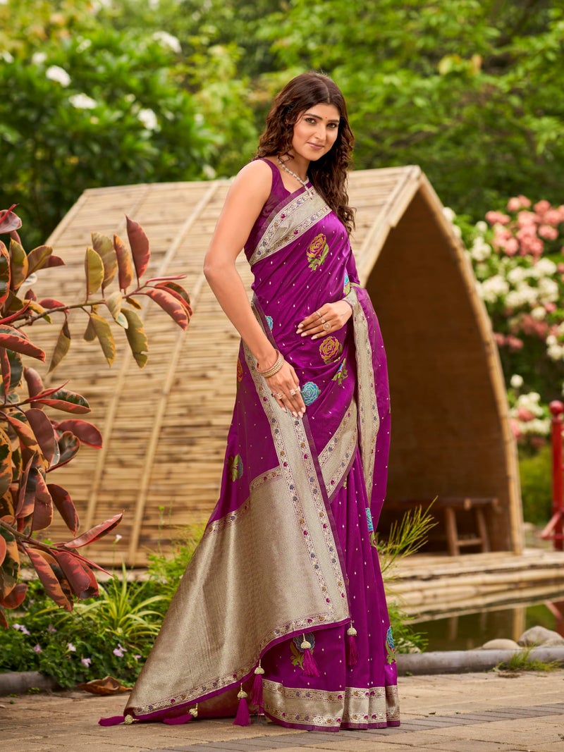 MANOHARI Women's Most Trendy Banarasi Satin Silk Woven Magenta Colorful Flower Pattern Saree With Heavy Jacquard Work Saree With Blouse Piece_MN2035 - Image 4