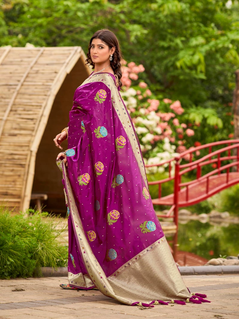 MANOHARI Women's Most Trendy Banarasi Satin Silk Woven Magenta Colorful Flower Pattern Saree With Heavy Jacquard Work Saree With Blouse Piece_MN2035 - Image 2