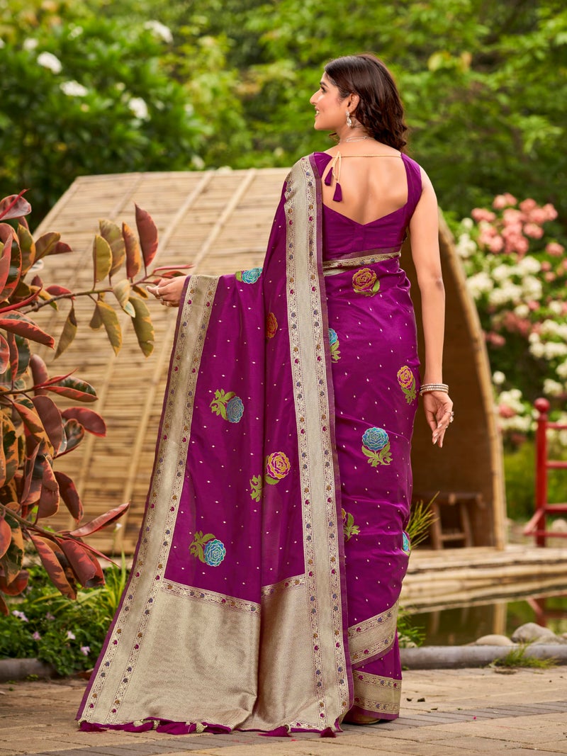 MANOHARI Women's Most Trendy Banarasi Satin Silk Woven Magenta Colorful Flower Pattern Saree With Heavy Jacquard Work Saree With Blouse Piece_MN2035 - Image 3
