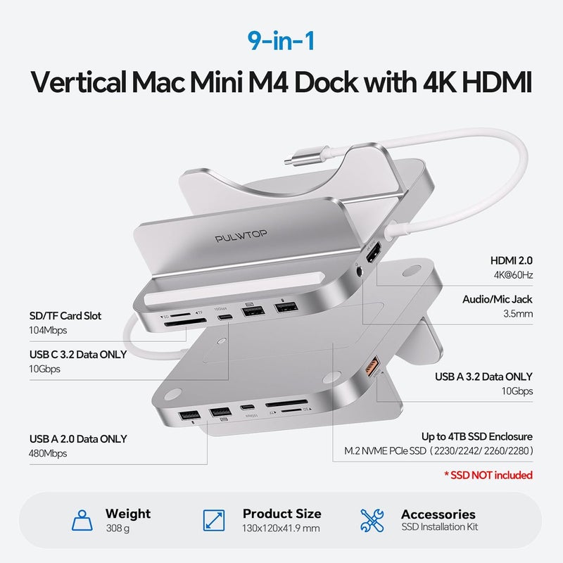 PULWTOP قاعدة Mac mini M4 مع غلاف SSD M.2 سعة 4 تيرابايت، حامل USB-C عمودي من الألومنيوم 8 في 1 (قاعدة Mac Mini M4/M4 Pro - فضي) - Image 2