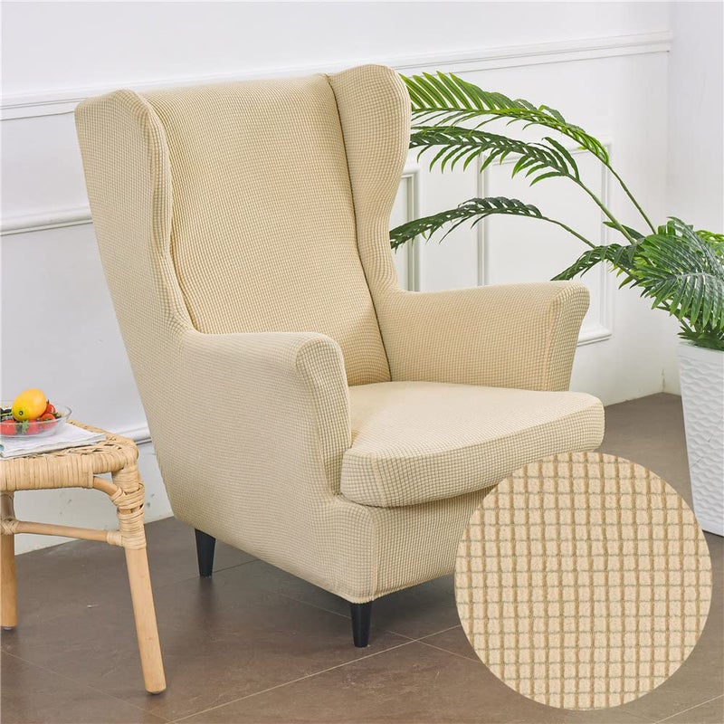Highdi Wingback Chair Covers 2 Piece Stretch Wing Chair Slipcover Solid color Jacquard Thicken Strandmon Sofa Cover Furniture Protector for Armchair Chairs Living Room Bedroom Hotel Beige