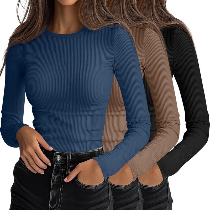 Ficerd 3 Pack Womens Ribbed Long Sleeve Tops Crew Neck Slim Fit Knit Undershirts Basic Casual Stretch Layering Tee ShirtsBlack Khaki Plain BlueMedium - Image 2