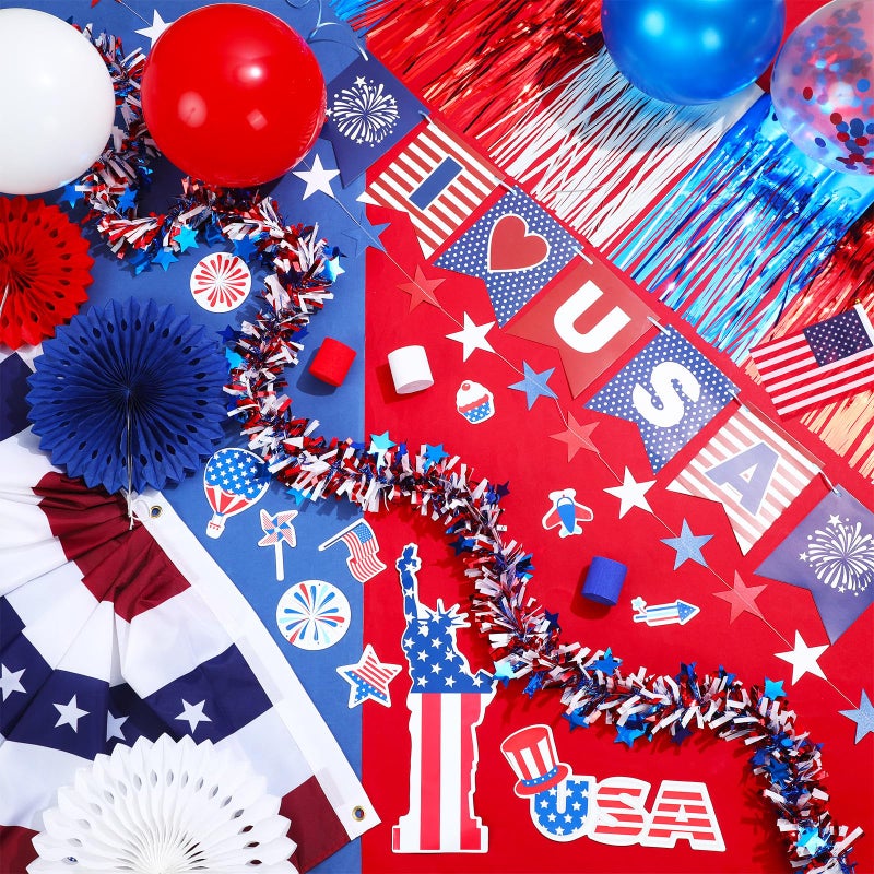 Sonwyoung 4th of July Parade Car Decorations Kit Patriotic Golf Cart Decoration Red White Blue Tinsel Garlands American Flag Crepe Paper Streamers Balloons Banners Paper Fans for Independence Day - Image 3