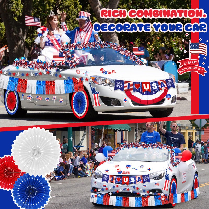 Sonwyoung 4th of July Parade Car Decorations Kit Patriotic Golf Cart Decoration Red White Blue Tinsel Garlands American Flag Crepe Paper Streamers Balloons Banners Paper Fans for Independence Day - Image 4