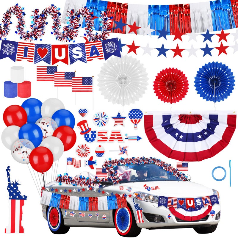 Sonwyoung 4th of July Parade Car Decorations Kit Patriotic Golf Cart Decoration Red White Blue Tinsel Garlands American Flag Crepe Paper Streamers Balloons Banners Paper Fans for Independence Day - Image 1