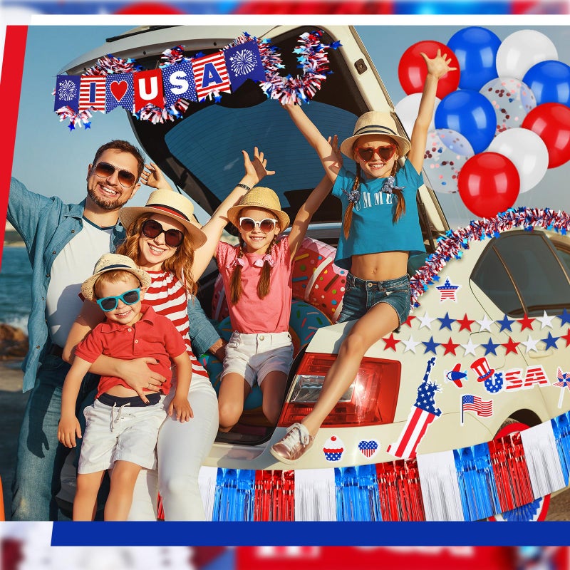 Sonwyoung 4th of July Parade Car Decorations Kit Patriotic Golf Cart Decoration Red White Blue Tinsel Garlands American Flag Crepe Paper Streamers Balloons Banners Paper Fans for Independence Day - Image 5