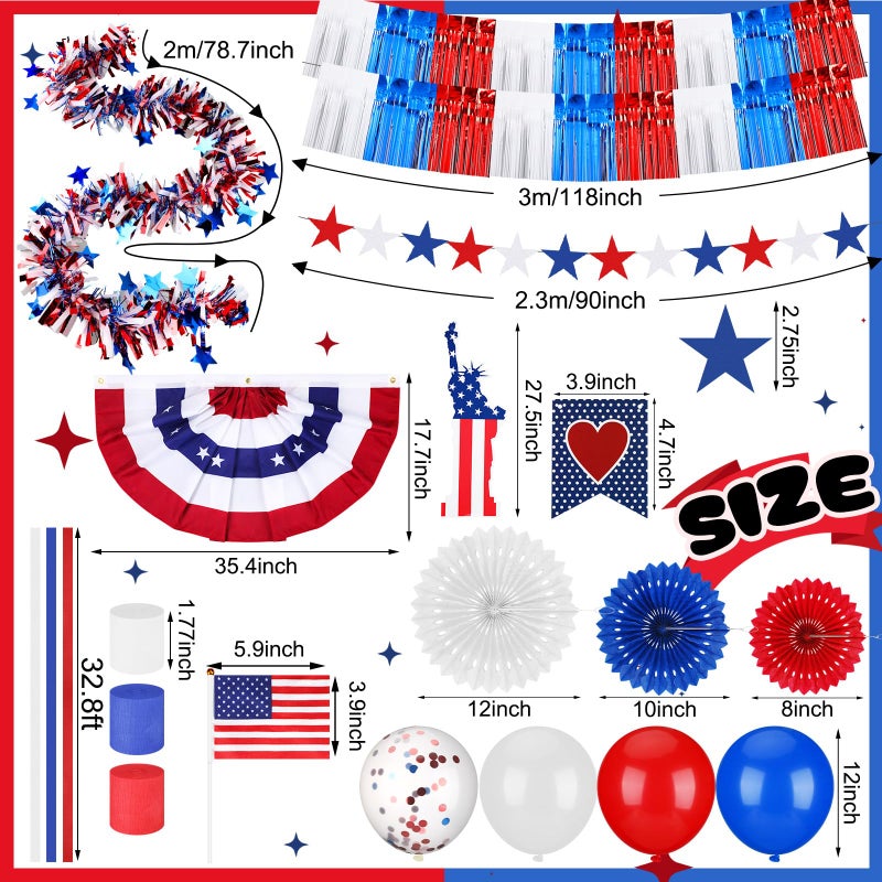 Sonwyoung 4th of July Parade Car Decorations Kit Patriotic Golf Cart Decoration Red White Blue Tinsel Garlands American Flag Crepe Paper Streamers Balloons Banners Paper Fans for Independence Day - Image 2
