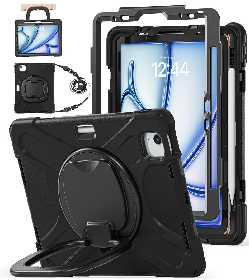 BATYUE Case for iPad Air 11-inch M4 (2026)/ M3 (2025)/ M2 (2024), iPad Air 5th/4th 10.9 inch(2022/2020), iPad Pro 11" 4th/3rd/2nd/1st Cover with Rotating Stand, Pencil Holder, Carrying Strap, Black - Image 1