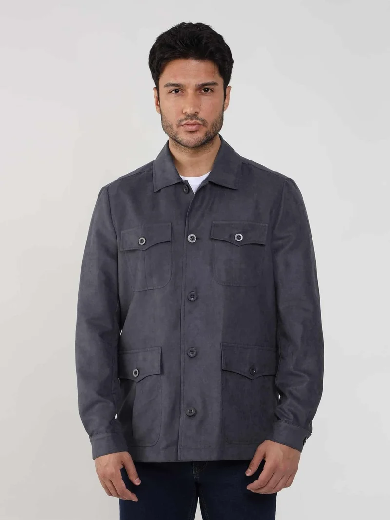 Gray Men's Regular Fit Plain Classic Collar Suede Coat - 105399