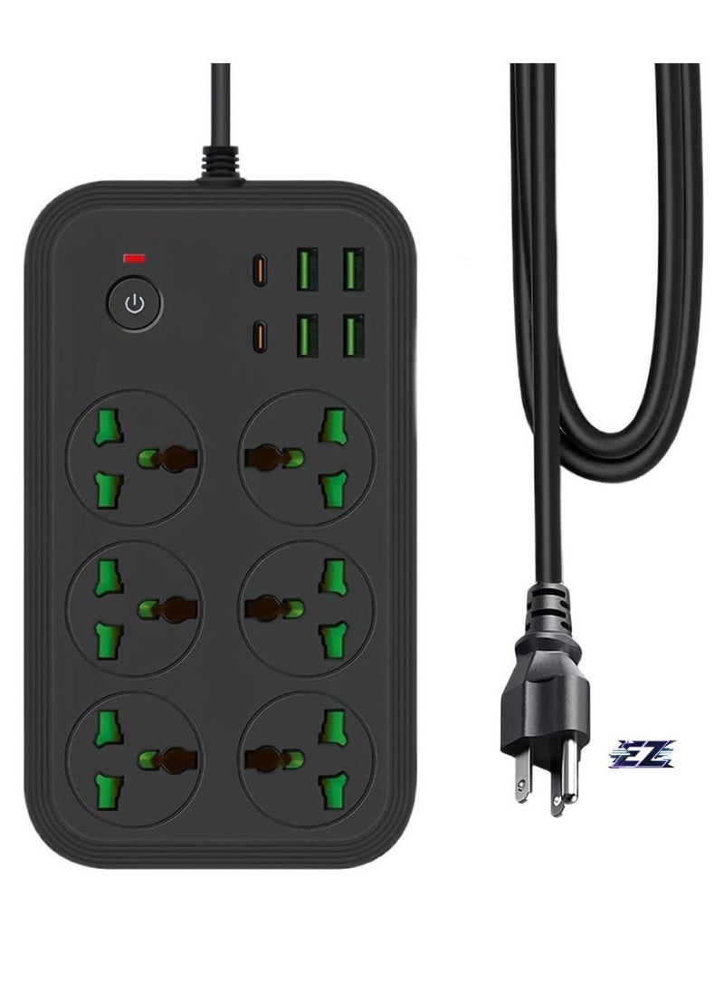 ELTRAZONE 12-in-1 Power Strip with USB-C – Universal Extension Cord, 6 AC Outlets, 4 USB Ports, 110-240V, Max 3000W, Wall Mountable International Plug Extender for Overseas Travel & Work (Black) – Surge Protection, Fast Charging & Compact Design  - Image 1