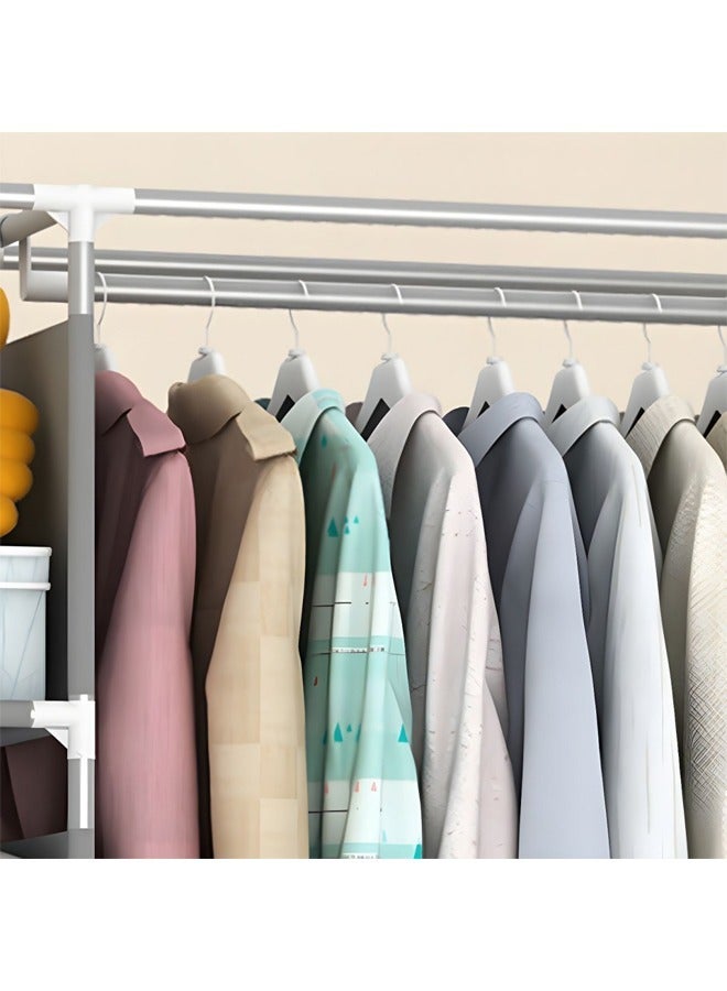 Foldable fabric wardrobe and luggage organizer with hanging rods, 4 storage drawers and a clothes rack for storing bags, toys and shoes