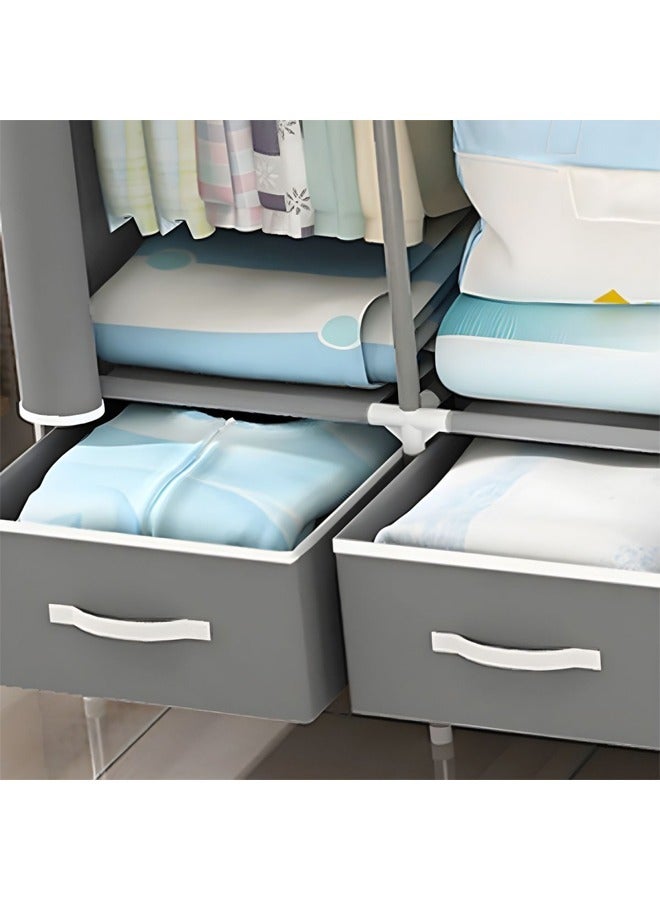 Foldable fabric wardrobe and luggage organizer with hanging rods, 4 storage drawers and a clothes rack for storing bags, toys and shoes