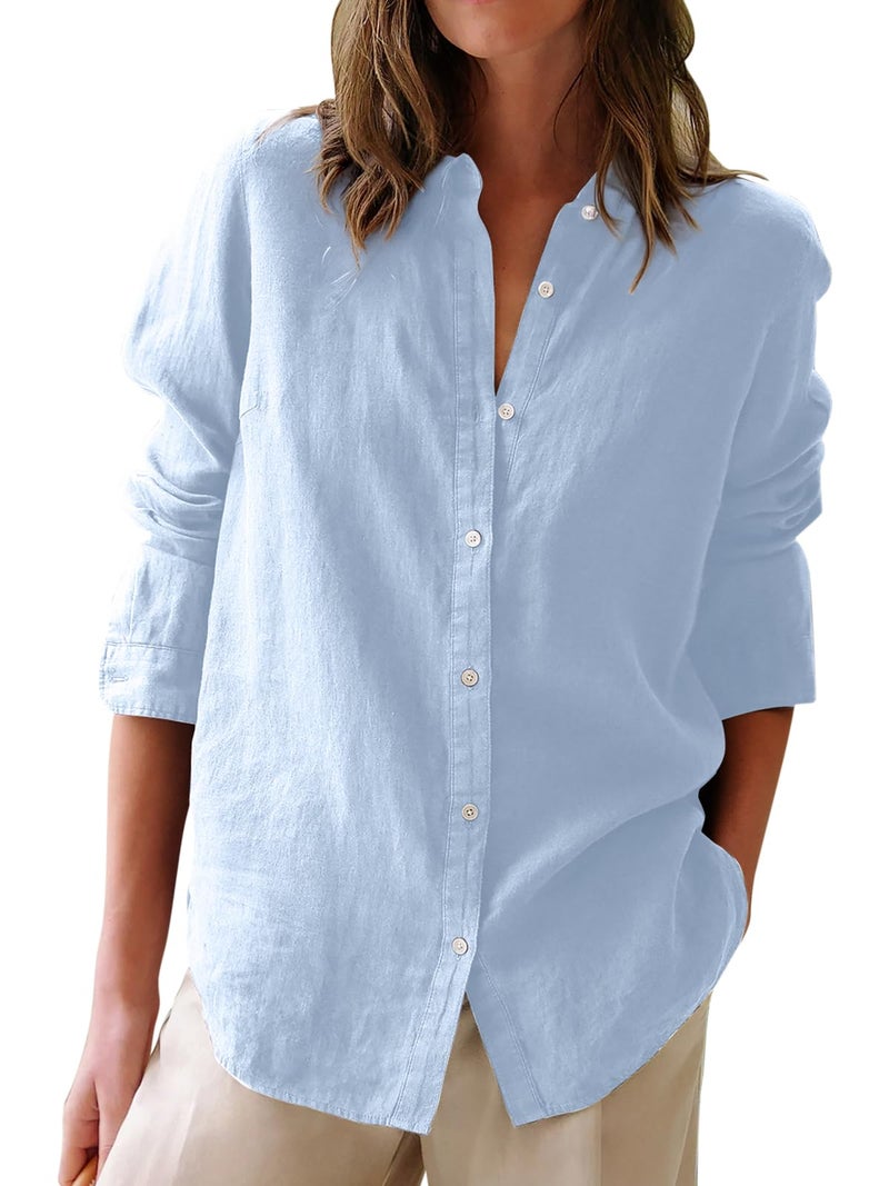 Aoudery Button Down Shirts for Women Cotton Oxford Shirts Long Sleeve Dress Shirts Collared Blouses Work Casual Solid Tunic Tops - Light Blue XXL - Image 1