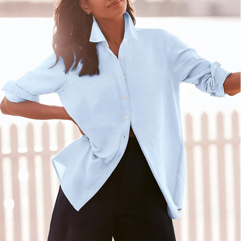 Aoudery Button Down Shirts for Women Cotton Oxford Shirts Long Sleeve Dress Shirts Collared Blouses Work Casual Solid Tunic Tops - Light Blue XXL - Image 3