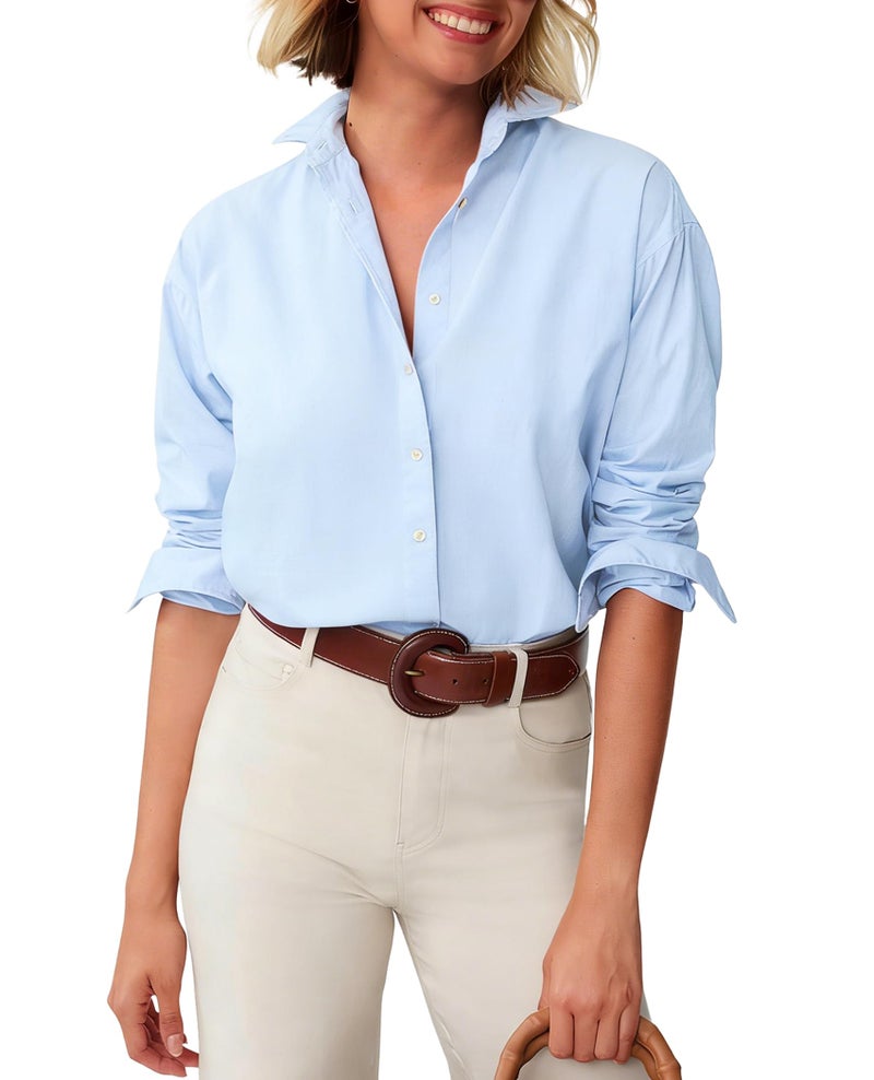 Aoudery Button Down Shirts for Women Cotton Oxford Shirts Long Sleeve Dress Shirts Collared Blouses Work Casual Solid Tunic Tops - Light Blue XXL - Image 4