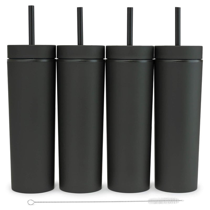 STRATA CUPS SKINNY TUMBLERS Matte Pastel Colored Acrylic Tumblers with Lids and Straws (4 pack) | 16oz Double Wall Plastic Tumblers With FREE Straw Cleaner! Reusable Cup With Straw | Vinyl DIY Gifts (Black) - Image 1