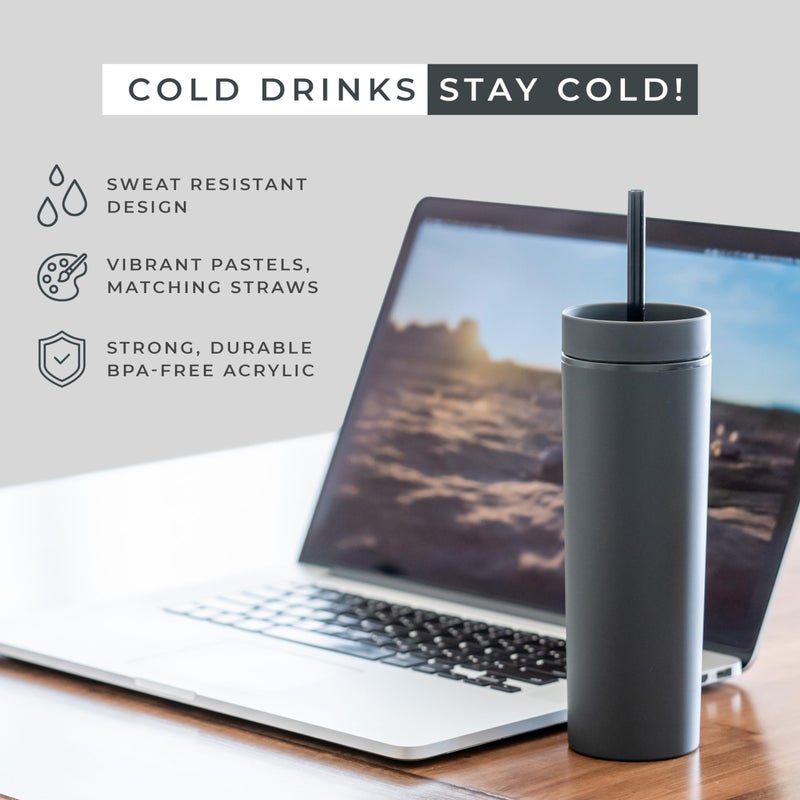STRATA CUPS SKINNY TUMBLERS Matte Pastel Colored Acrylic Tumblers with Lids and Straws (4 pack) | 16oz Double Wall Plastic Tumblers With FREE Straw Cleaner! Reusable Cup With Straw | Vinyl DIY Gifts (Black) - Image 2