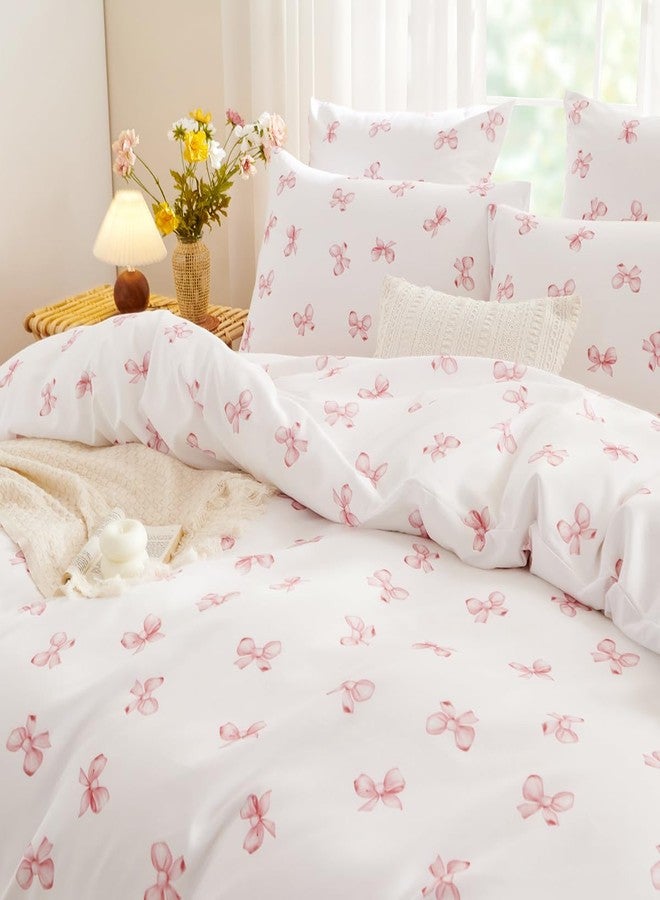 Bildenly Twin Size Duvet Cover Pink Bowknot for Girls' Rooms Fresh Style Bedrooms, Comforter Cover Soft & Lightweight Microfiber Quilt Cover with Zipper Closure and 1 Pillowcase - Image 3