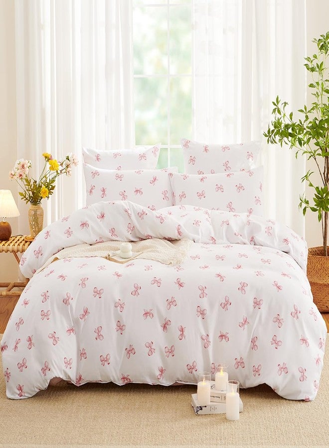 Bildenly Twin Size Duvet Cover Pink Bowknot for Girls' Rooms Fresh Style Bedrooms, Comforter Cover Soft & Lightweight Microfiber Quilt Cover with Zipper Closure and 1 Pillowcase - Image 1