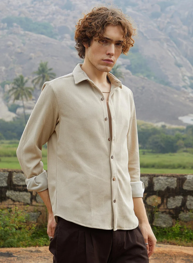 Campus Sutra Men's Saltbox Beige Solid Knit Shirt