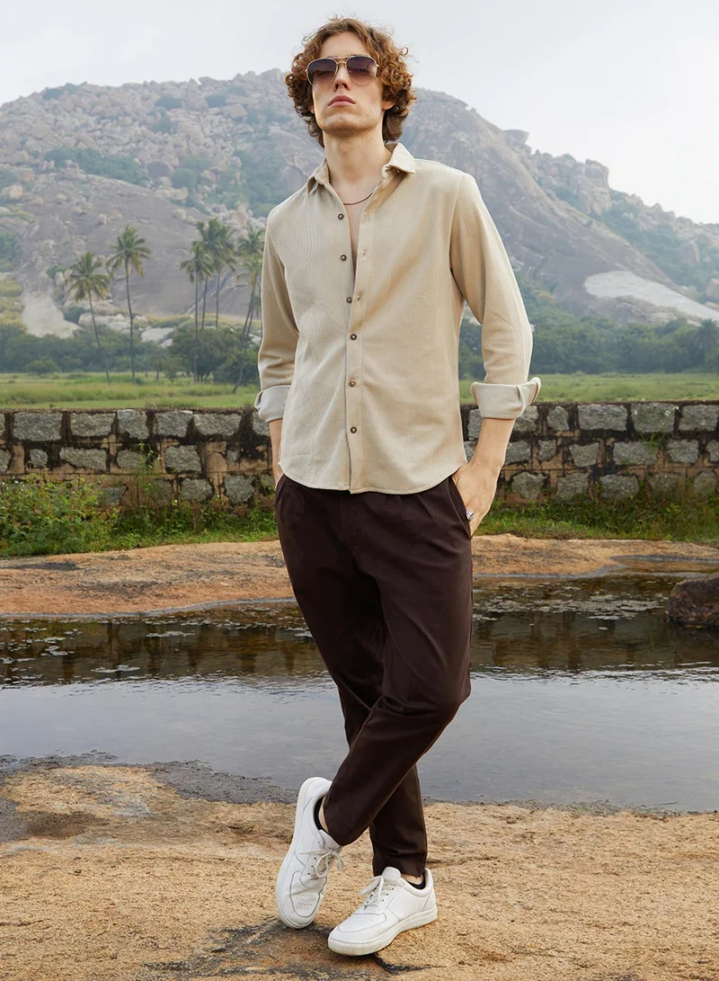 Campus Sutra Men's Saltbox Beige Solid Knit Shirt