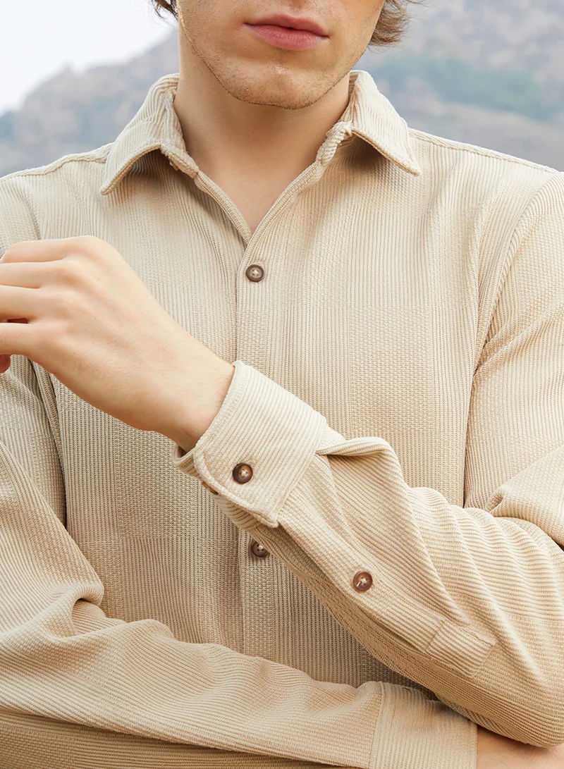 Campus Sutra Men's Saltbox Beige Solid Knit Shirt