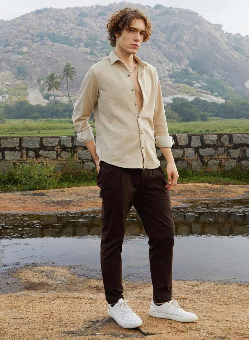 Campus Sutra Men's Saltbox Beige Solid Knit Shirt