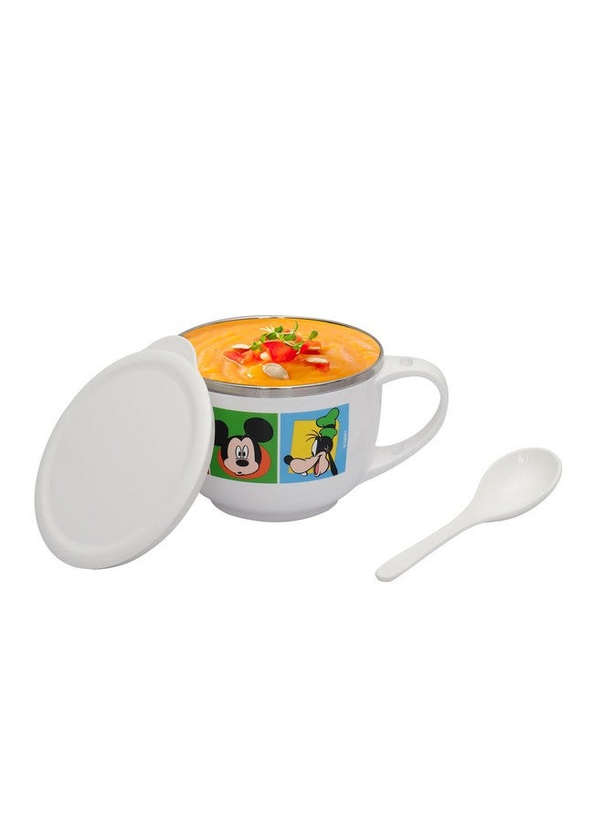 Jaypee Plus Stainless Steel Disney Mickey Mouse Printed Souptok Prime Soup Bowl with Lid & Spoon Maggi Noodles Pasta Bowl, Best Diwali Gift, Birthday Gift for Girls and Boys,White - Image 1