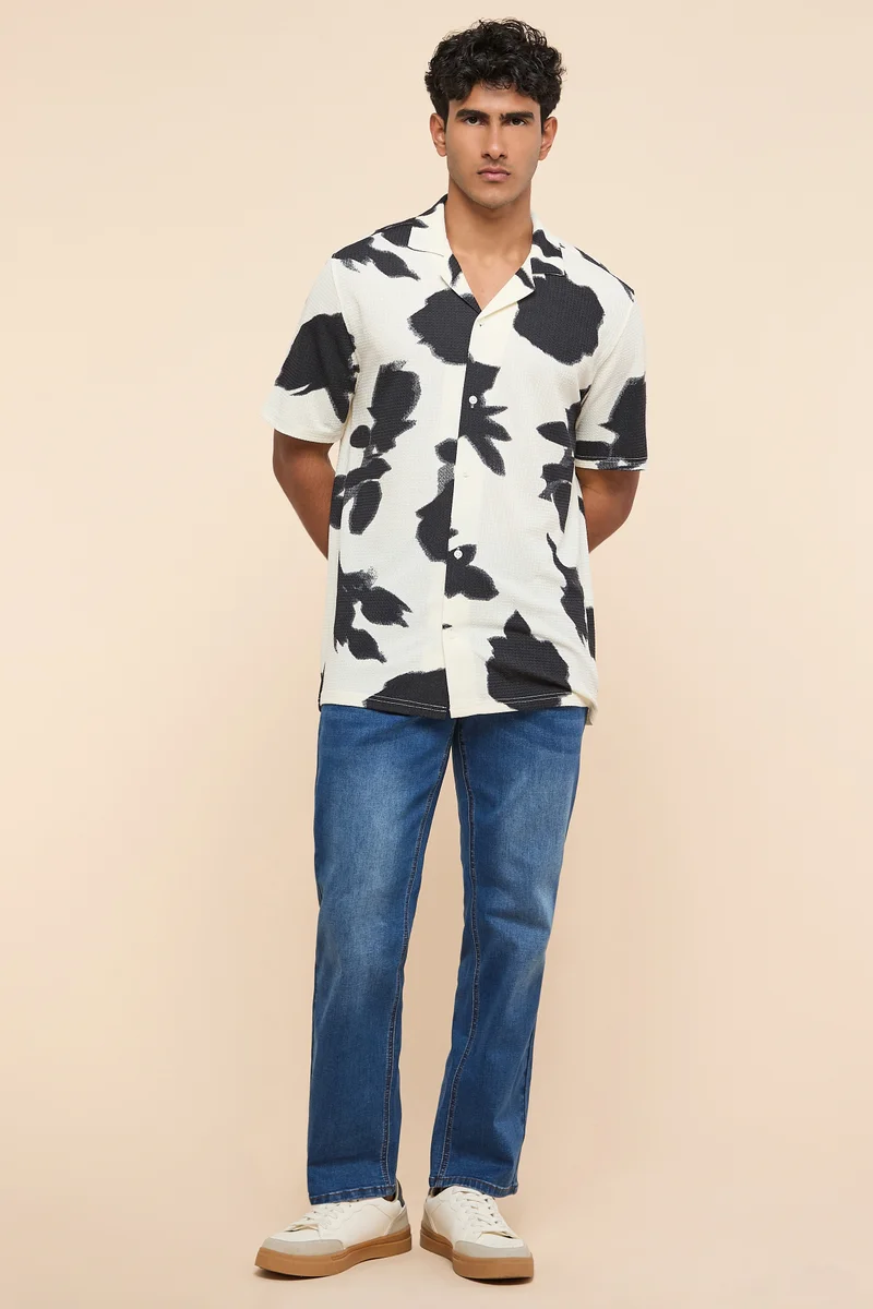 أر أند بي Patterned Shirt with Reverse Collar and Short Sleeves