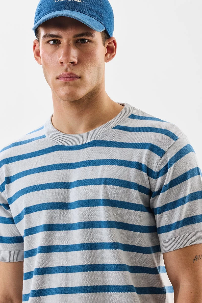 SNITCH Light Grey Striped Half Sleeve Slim Fit T-Shirt