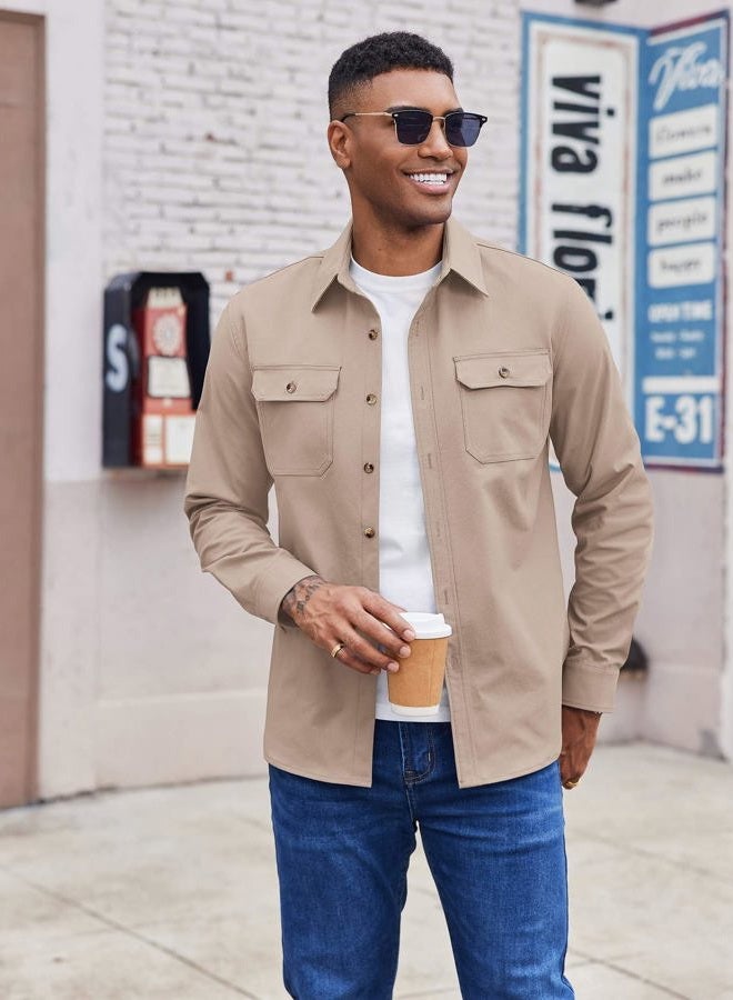 COOFANDY Mens Shirt Jacket Casual Button Up Shirts Long Sleeve Lightweight Shacket with Flap Pockets, Light Khaki, L - Image 2