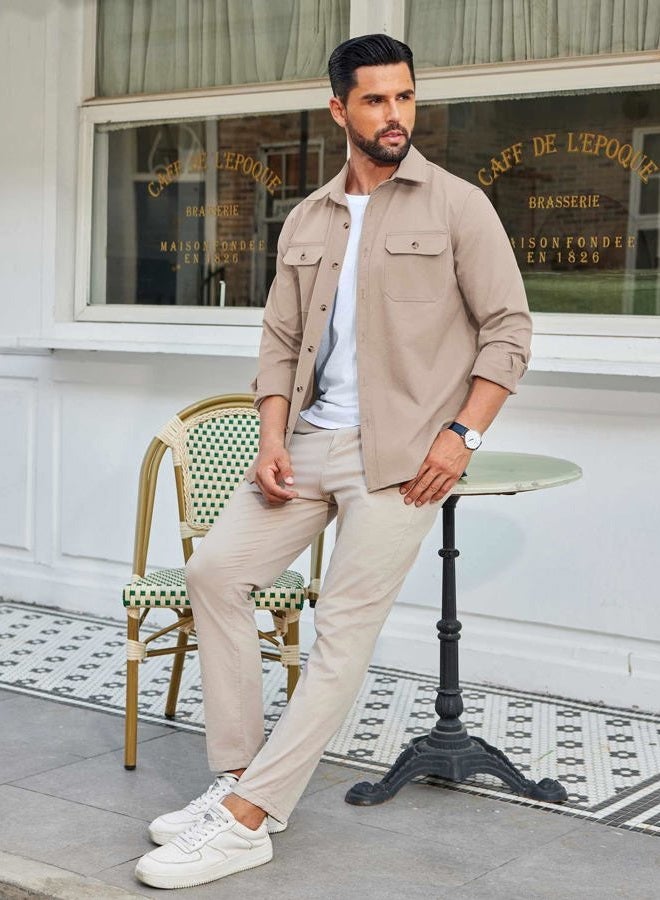 COOFANDY Mens Shirt Jacket Casual Button Up Shirts Long Sleeve Lightweight Shacket with Flap Pockets, Light Khaki, L - Image 4