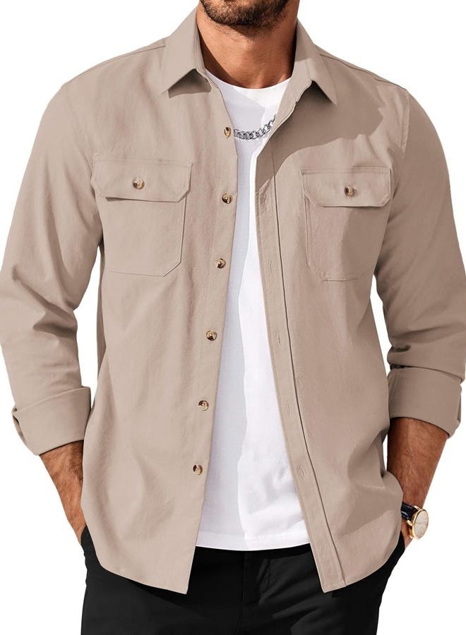 COOFANDY Mens Shirt Jacket Casual Button Up Shirts Long Sleeve Lightweight Shacket with Flap Pockets, Light Khaki, L - Image 1