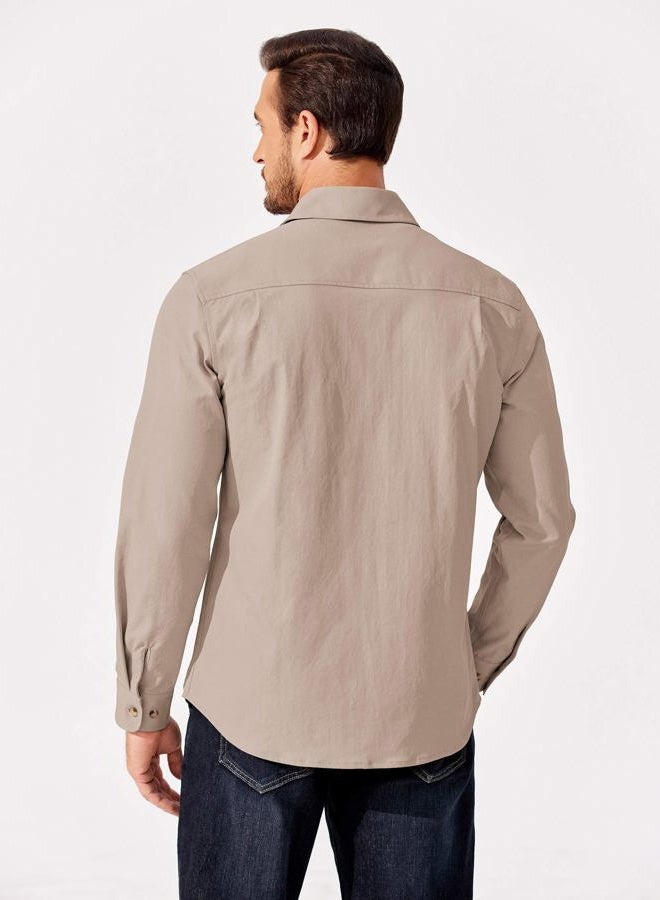 COOFANDY Mens Shirt Jacket Casual Button Up Shirts Long Sleeve Lightweight Shacket with Flap Pockets, Light Khaki, L - Image 5