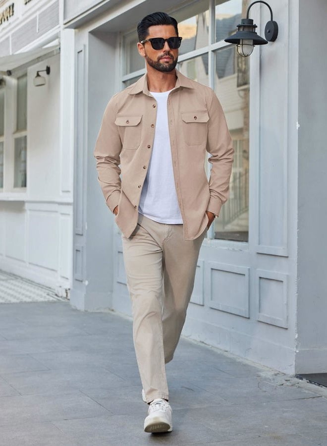COOFANDY Mens Shirt Jacket Casual Button Up Shirts Long Sleeve Lightweight Shacket with Flap Pockets, Light Khaki, L - Image 3