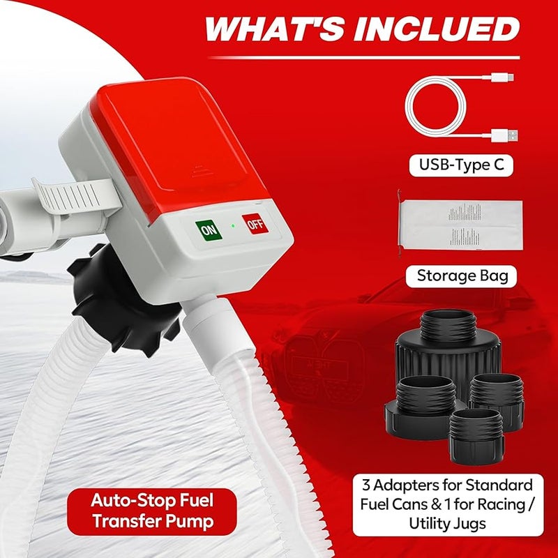Keimi Fuel Transfer Pump with Auto-Stop, 3.2 Gallon per Min, 51 Extra Long Hose, Battery & USB Powered, 4 Can Adapters, Fast and Safe Gas Pump for Oil, Diesel and Gasoline - Image 3