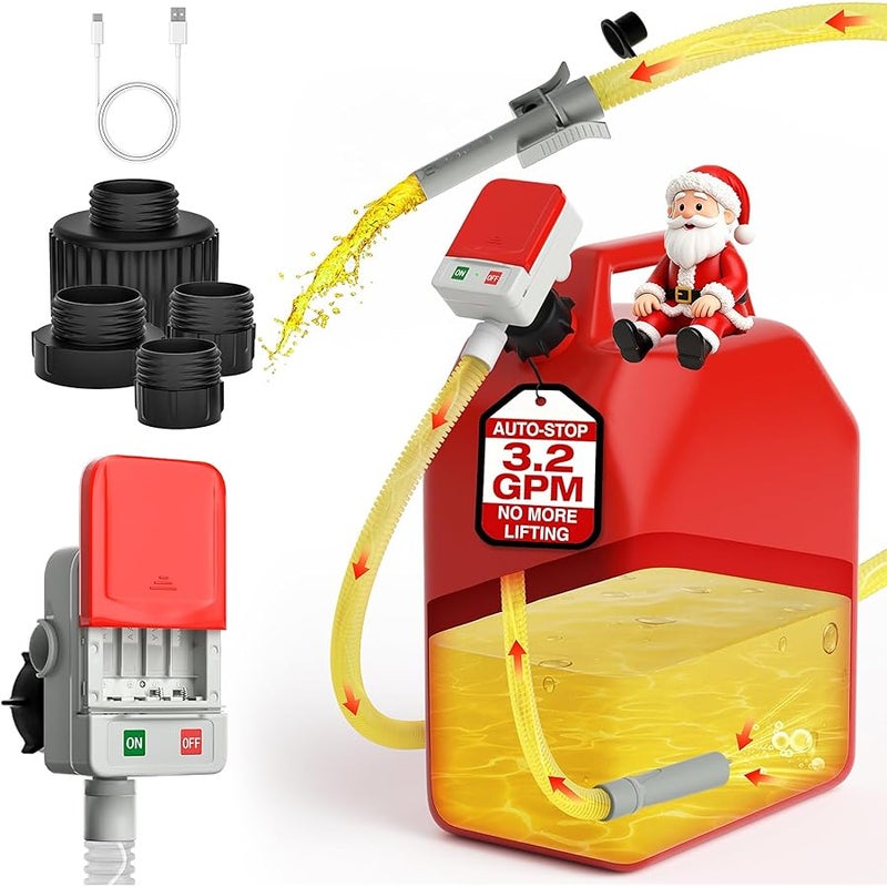 Keimi Fuel Transfer Pump with Auto-Stop, 3.2 Gallon per Min, 51 Extra Long Hose, Battery & USB Powered, 4 Can Adapters, Fast and Safe Gas Pump for Oil, Diesel and Gasoline - Image 1