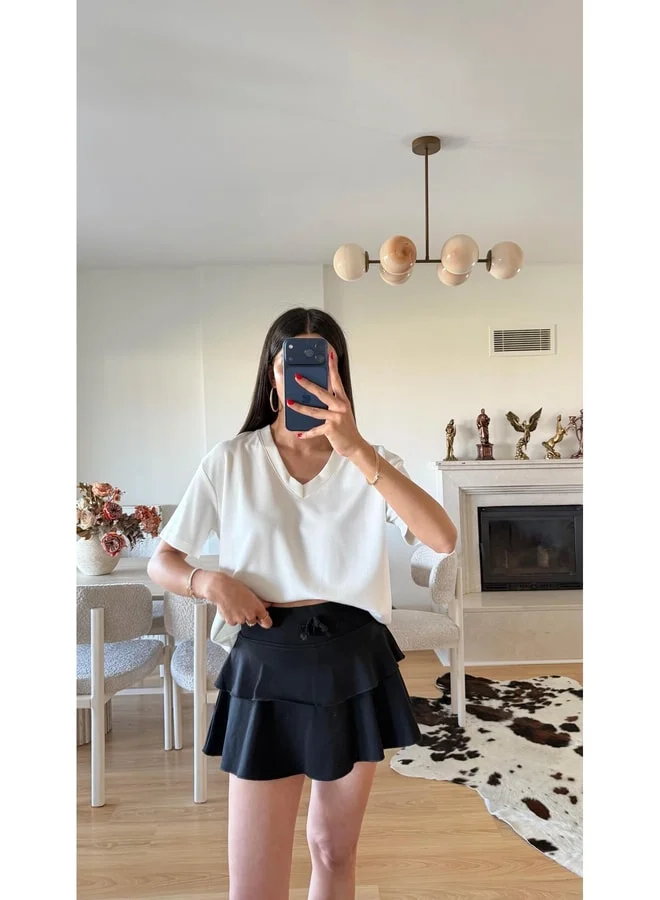 GAUS Black Waist Elastic Layered Shorts Skirt gaus-01603.