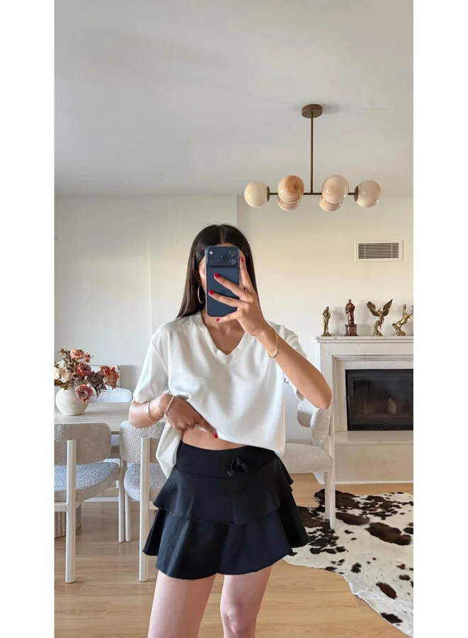 GAUS Black Waist Elastic Layered Shorts Skirt gaus-01603.