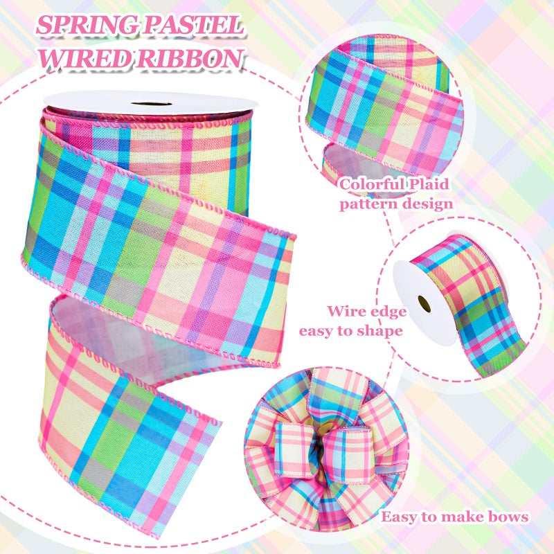 FYSUIMU Colorful Plaid Wired Edge Ribbon 2.5 Inch Spring Easter Pastel Craft Ribbon Candy Color Plaid Fabric Ribbons for Basket Bow Wreath Gift Wrap Party Home Decor, 10 Yards - Image 3