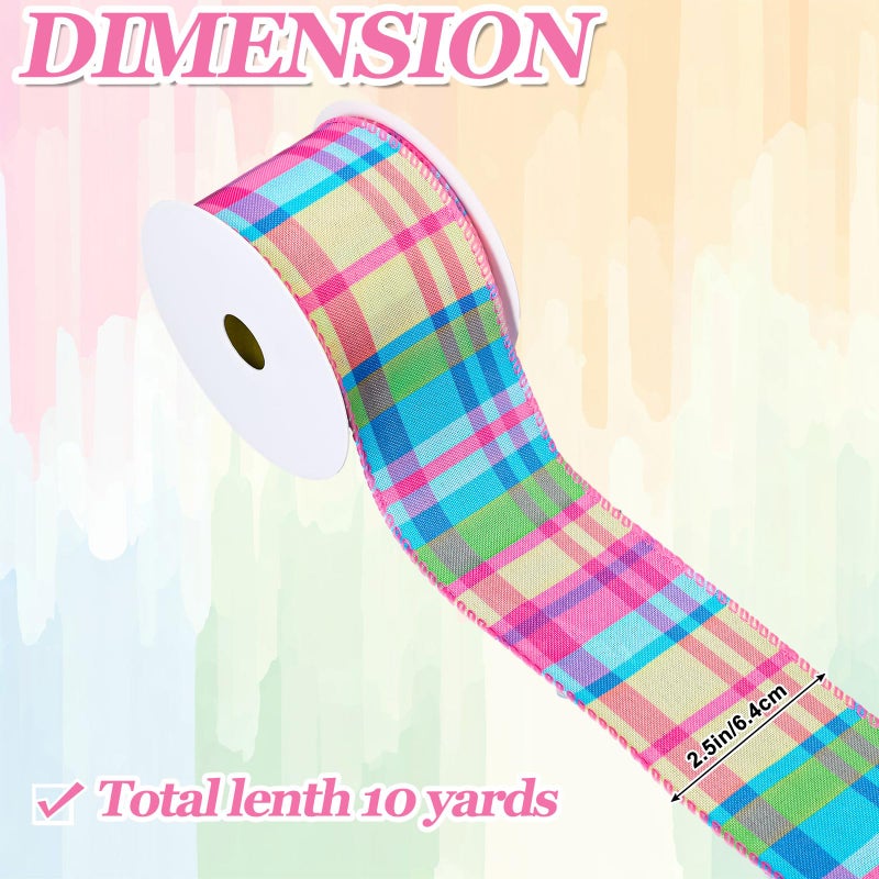 FYSUIMU Colorful Plaid Wired Edge Ribbon 2.5 Inch Spring Easter Pastel Craft Ribbon Candy Color Plaid Fabric Ribbons for Basket Bow Wreath Gift Wrap Party Home Decor, 10 Yards - Image 2