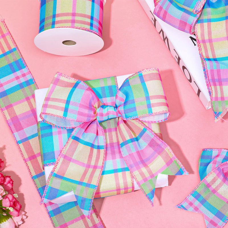 FYSUIMU Colorful Plaid Wired Edge Ribbon 2.5 Inch Spring Easter Pastel Craft Ribbon Candy Color Plaid Fabric Ribbons for Basket Bow Wreath Gift Wrap Party Home Decor, 10 Yards - Image 4