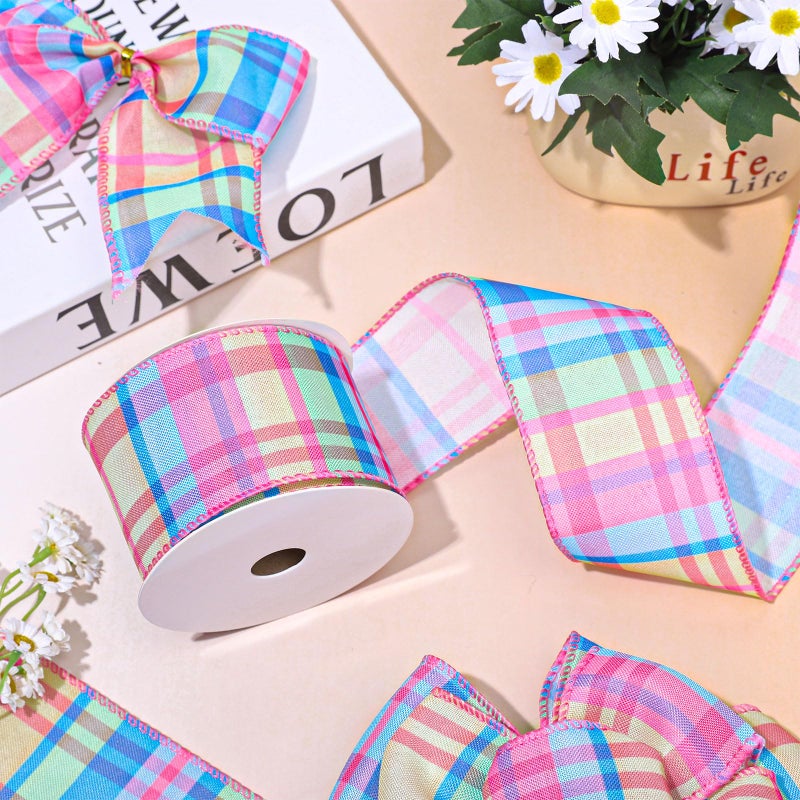 FYSUIMU Colorful Plaid Wired Edge Ribbon 2.5 Inch Spring Easter Pastel Craft Ribbon Candy Color Plaid Fabric Ribbons for Basket Bow Wreath Gift Wrap Party Home Decor, 10 Yards - Image 5