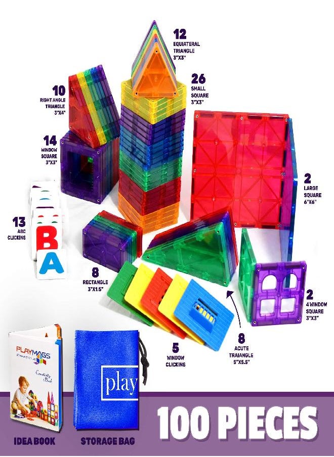 Playmags - Playmags 100-Piece Magnetic Tiles Building Blocks Set, 3D Magnet Tiles for Kids Boys Girls, Educational STEM Toys for Toddlers - Image 1