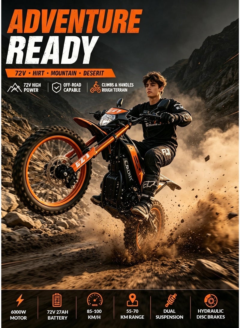 CRONY-06 6000W Dirt Bike 72V High Speed Off-Road Electric Motorcycle, Dual Suspension, Aluminum Alloy Frame, off-road electric dirt bikes for adults long Range: 55-70KMoff-road trail riding - Image 2