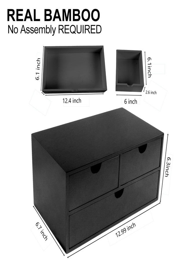 Charmewooden Bamboo Desk Organizer with 3 Drawers, Countertop Organizer with Drawers Makeup Storage Drawer 3 Drawer Tabletop Storage Organization Box Home Office Workspace（Black） - Image 2