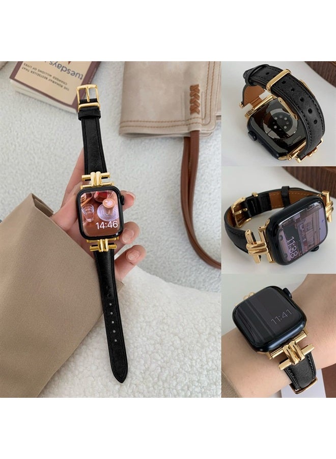 Juntan Leather Slim Band Compatible for Apple Watch 42mm 44mm 45mm Band,Genuine Black Leather I-Shape Watch Strap Bracelet with Stainless Buckle for iWatch Women Bands Series 8 7 6 5 4 3 2 1 SE - Image 1