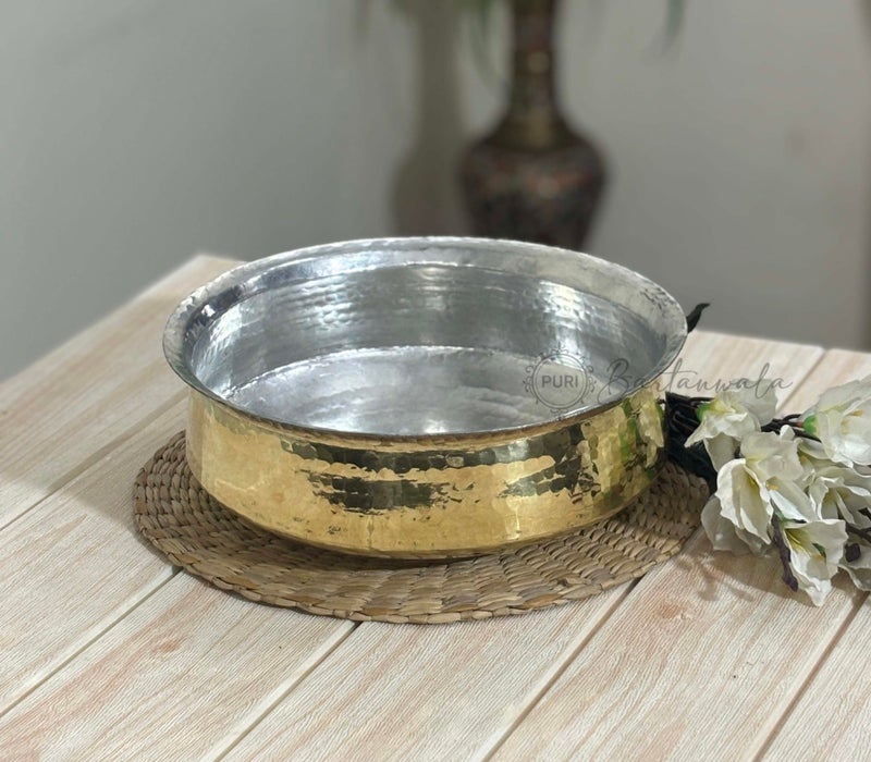 PURI BARTANWALA - Brass/Pital Non Stick Lagan for Cooking 12 Inch with Lid and Tin/Kalai Plating Inside ? Handcrafted (Suitable Size to Cook for The Family of 4 to 6 People) - Image 1